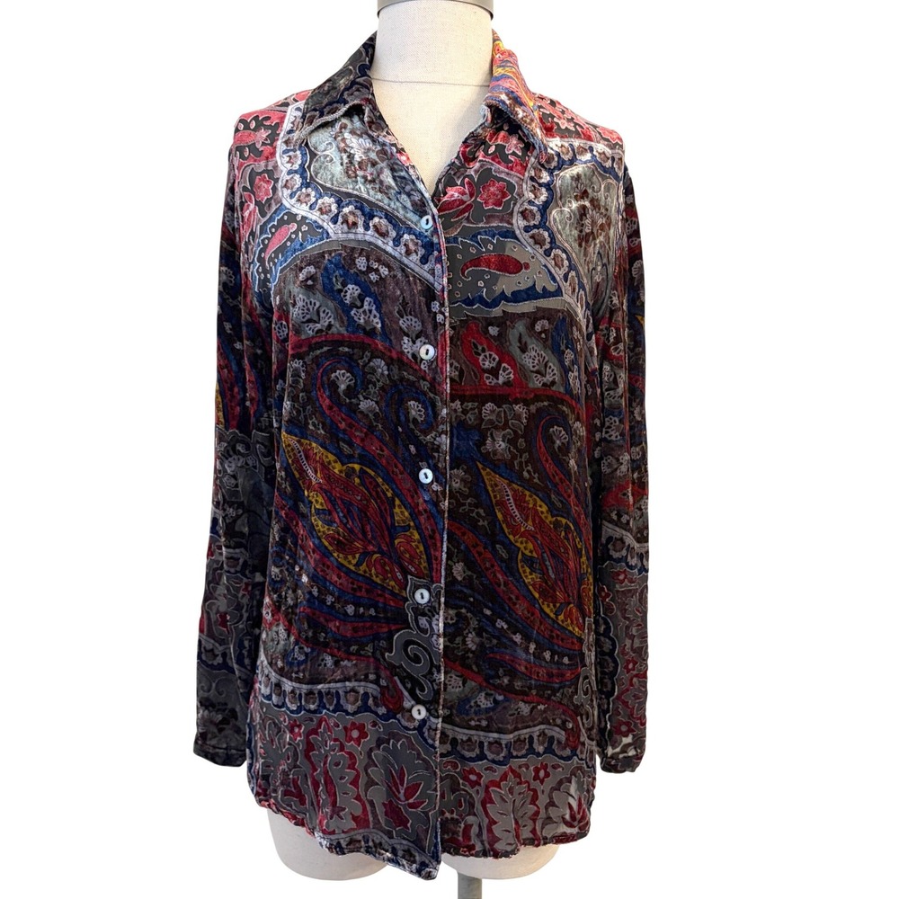 Vintage Silk Blend Velvet Burnout Button Up Shirt M Y2K Paisley Whimsigoth Sheer - Picture 1 of 11